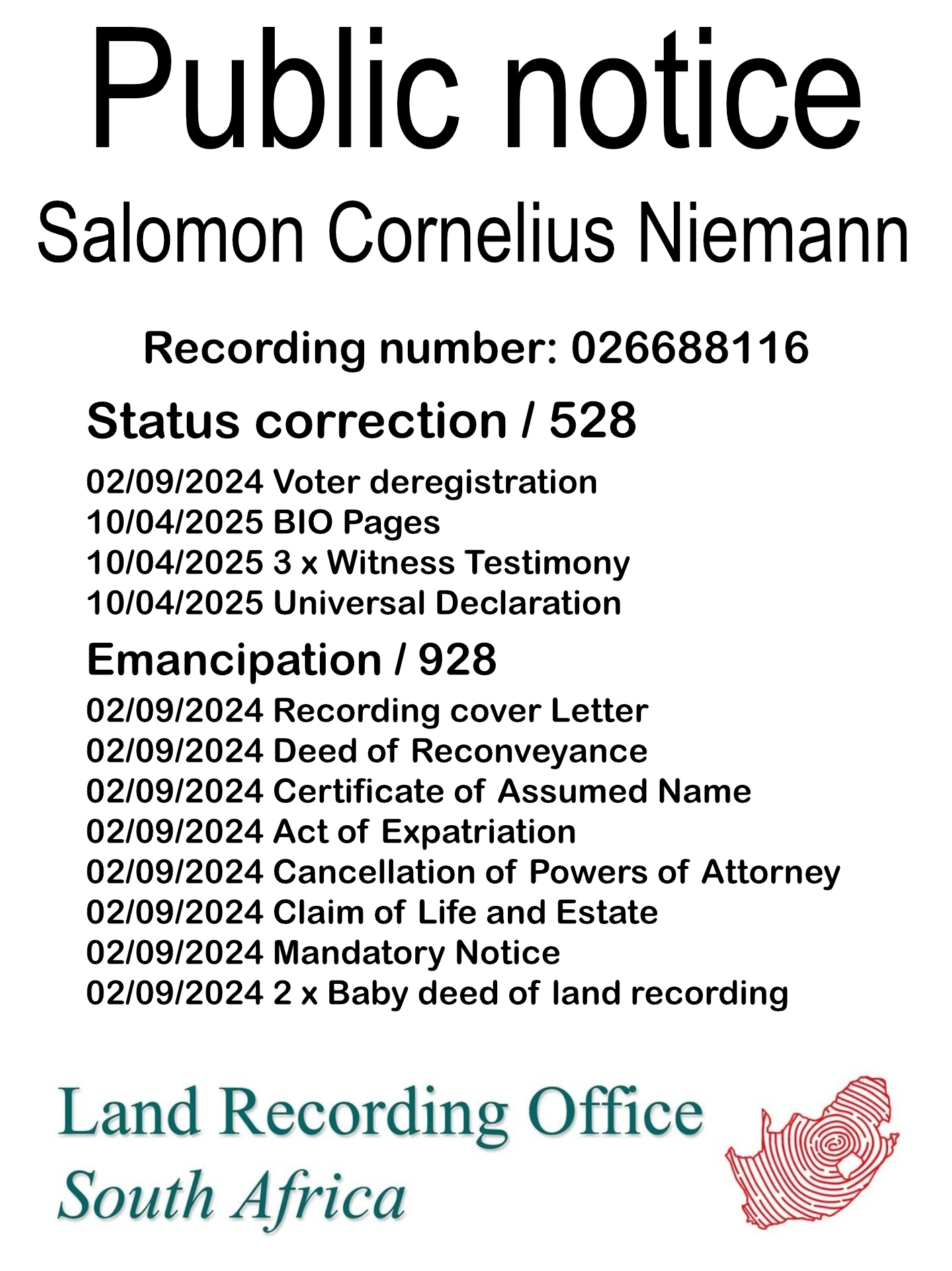 Public Notice Salomon Cornelius Niemann (c) Recording number 026688116